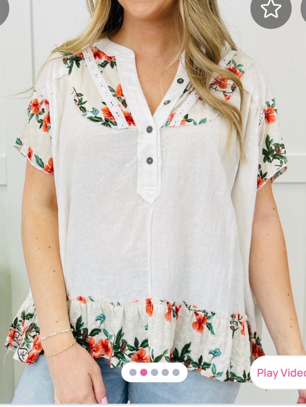 POL Comfort Craft Top - Ivory Blouse with Red Floral Trim
